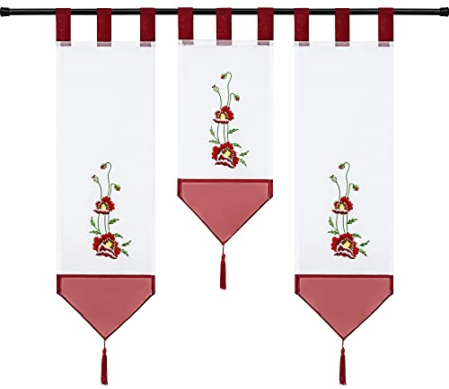Joyswahl Voile Scheibengardine Miniflächenvorhänge mit Schlaufen Küchengardine mit Folral Stickerei Muster 3er Set Kurzstore Bistrogardine Rot (20 cm breit, 1 x 50 cm Länge und 2 x 70 cm Länge)