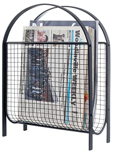 MyGift Mid-Century Design Magazine Rack, Matte Black Tone Metal Mesh Freestanding Magazine Organizer Holder Sling