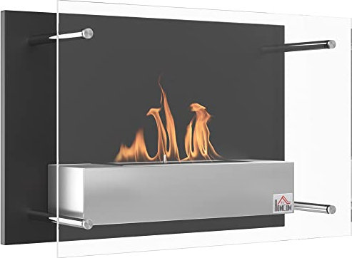 HOMCOM Bioethanol-Kamin Wand Einbaubrenner 1.5 L, ca. 3 Std. Brenndauer ABM. 60L x 22l x 40H cm Abdeckung 20-25 m² Edelstahl