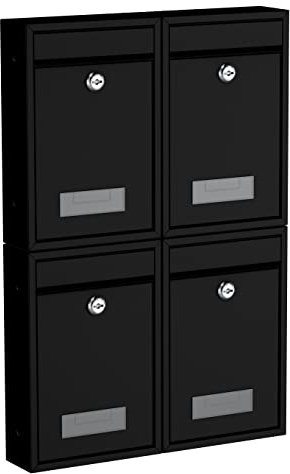 BASI | 4er Set Briefkasten | Wandbriefkasten Kompaktbriefkasten | DIN B5 | Namensschild jeweils 2 Schlüssel | Befestigungsmaterial | Briefkastenanlage | Stahlbriefkasten | Schwarz Matt | 4 Stück