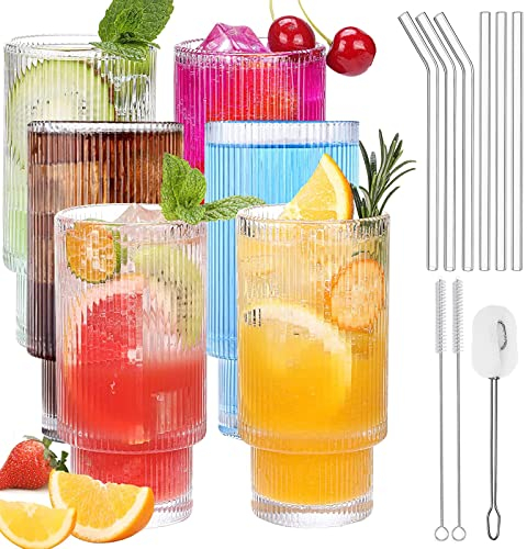 DAZZTIME Juego de 6vasos Acanalados con Pajitas de Vidrio,Vasos de Café Helado Vintage Ondulado,Copa de Coctel,Copa de Jugo Ondulado,Vaso de Cristal,Vasos Acanalados,Juego de Vasos de Agua
