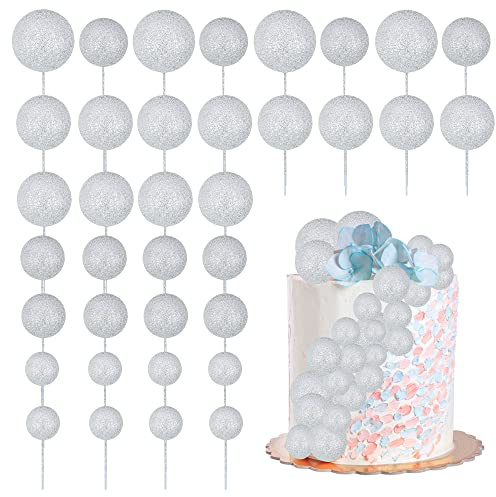 30Pcs Balls Cake Topper Glitter Foam Ball Cake Picks Mini Balloon Cupcake Insert Bubble Balls DIY Decoration for Baby Shower Wedding Anniversary Kids Birthday Graduation Party Cake Decorations Silver