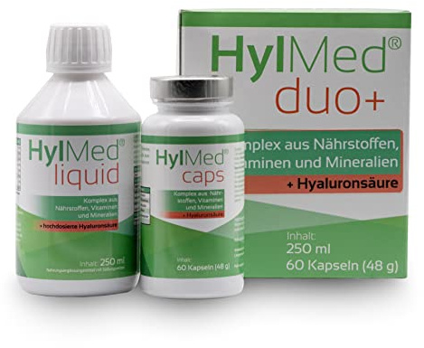 HylMed Duo+, 20-in-1 Nährstoffkomplex mit Hyaluronsäure, Kollagen und 18 weiteren Nährstoffen in einer 55-Tage-Anwendung zur Unterstützung des Bewegungsapparates.