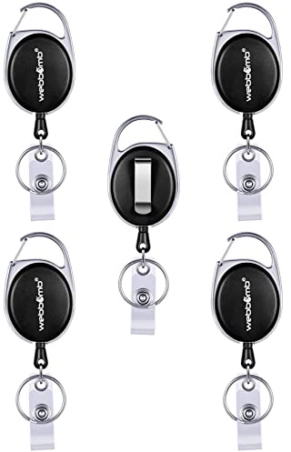 WEBBOMB Ausweishalter ausziehbar Ausweisjojo Set mit Gürtel Clip Schlüsselring + Vinylstrap Ausweis Schlüssel Jojo (Schwarz 5 Stück)