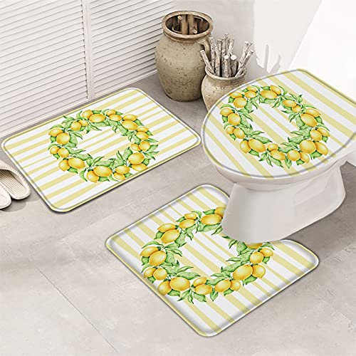 3 Teiliges Badteppich Set Geometrie-Streifen-Gelb-Sommer-Zitrone Wasserabsorbierend Contour Badteppich Langlebige Toilettensitzbezug Badgarnitur Matte