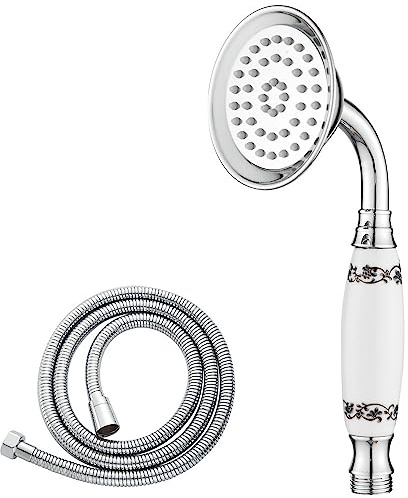 Maynosi Pommeau de Douche Classique, Douchette à Main Style Téléphone Traditionnel, Rétro à Poignée Céramique, Douchette à main Victorienne Avec Tuyau de 1,5 M, Chromé (Céramique à Motifs)