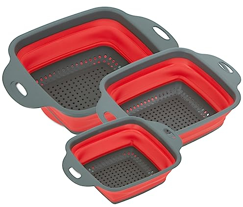 3x faltbares Seiher Sieb, Nudelsieb Silikon Klappbar, Spülmaschinenfestes Küchensieb, Umweltfreundlich Sieb Küche Perfekte zum Abtropfen von Nudeln, Gemüse, Obst (Quadratisch)