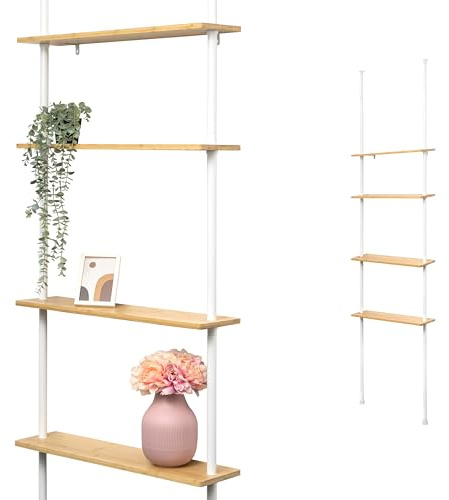 bremermann Teleskopvägghylla med 4 hyllor av bambu (vit), ca. 70x 140-290 x 18 cm (B/H/T), 60084-V