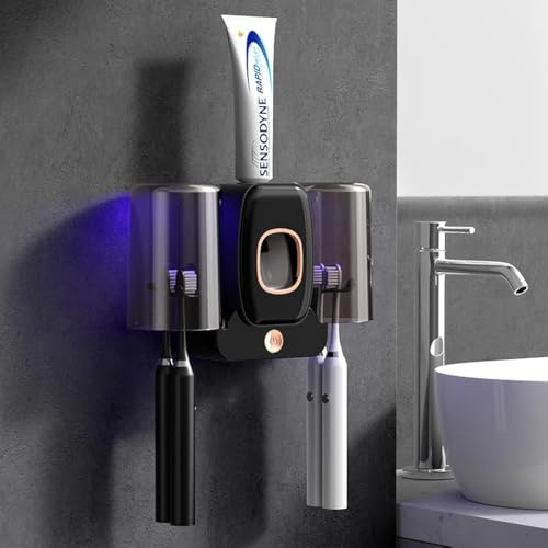 UV tandborste sanitizer, badrum tandborsthållare väggmonterad med steriliseringsfläkt torkfunktion tandborste renare sterilisator smart tandborste sterilisator lämplig för de flesta hem (svart)