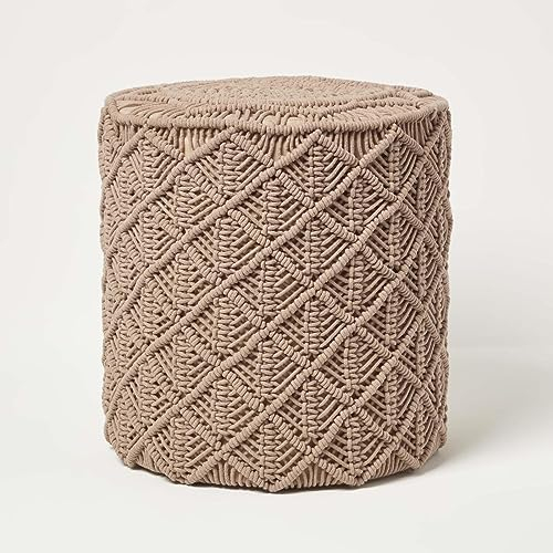 Homescapes Delilah Makramee-Pouf Boho Style braun 40x42cm, Pouf Hocker Makramee, hellbrauner Sitzpouf rund