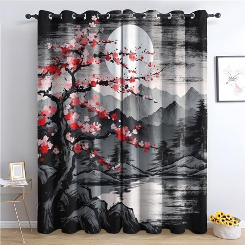 THYUNQ Vorhänge Japanische Motiv, Vorhang Blickdicht Verdunklungsvorhänge Thermovorhang mit Ösen, Gardinen Wohnzimmer Schlafzimmer Fenster, 2er Set Curtains, H 220 x B 140 cm