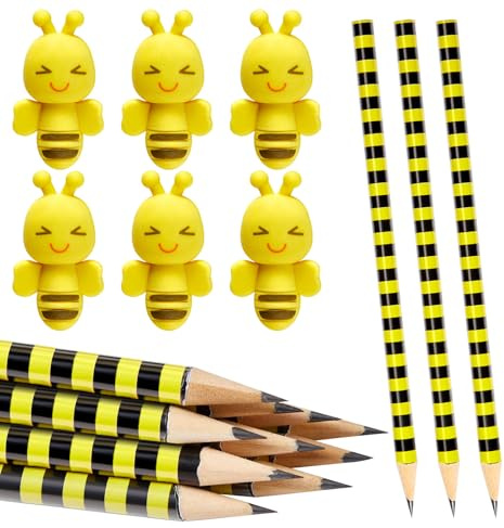 Tenare 12er Schulabschluss Geschenkset Kinder Bienenmotiv | 12 Bleistifte und 12 Radiergummis als Multipack für Party, Mitgebsel, Weihnachten, Geburtstag, Klasse und Schule