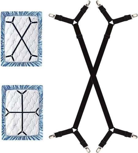 Lonnalee 2pcs Sangles de Support de Drap de lit Longues réglables Pinces pour Drap de lit, Tendeurs réglables en Croix pour Drap-Housse, Compatibles avec Tous Les Matelas carrés - Noir