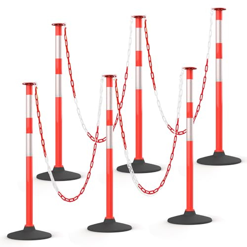 HiGiant 6 Pack 34 Inches Traffic Delineator Posts with Weighted Rubber Base, Portable Orange Safety Posts Cones with Reflective Collars and 5 Ft Plastic Chains for Parking Lot, Construction Work