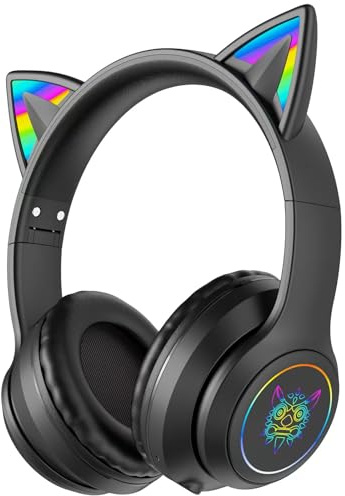 PHNIXGAM Wireless Bluetooth Kopfhörer für Kinder, mit 3,5mm verdrahtetem Modus nur für Audio, Faltbarer Kopfhörer mit Mikrofon, RGB Licht, für Schule Gaming, Kompatibel mit Handys PC Table (A Schwarz)