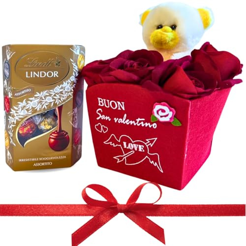 San Valentino e Festa della Donna 2025- Cuore Cioccolato - 200gr Cioccolatini Assortiti + Cestino + Pupazzo + Rosa Rossa (ASSORTITO)