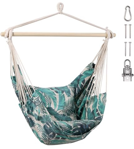 VonHaus Hanging Chair Outdoor with Attachments – Leaf Print Garden Swing Seat & Hammock Chair, 1 Seater Rope Tropical Style Jungle Print Portable Garden Seat for Garden, Patio & Terrace | Garden Swing Seat & Hammock Chair, 1 Seater Rope Neutral Boho Style, Portable Garden Seat for Patio, Terrace & Decking