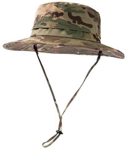 Comhats Sonnenhut, LSF 50, breite Krempe, Sommer-Netzstoff, UV-Schutz, Safari-Hut, Angeln, Wandern, Boonie-Hüte für Herren, Kinnriemen, wasserdicht und atmungsaktiv, 00702_camo_green, L/XL