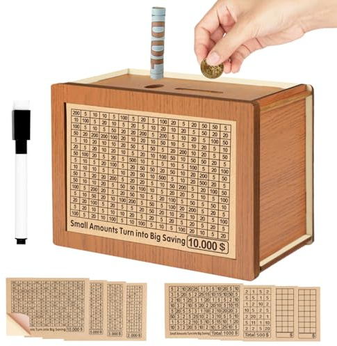 Nepfaivy Money Saving Box 10,000-10000 Savings Challenge Box, Money Box for Cash Save, Cash Vault Wooden Saver Box, Caja De Ahorro 10k, Cashbox with Counting Target, Adults Kids Gifts for Christmas