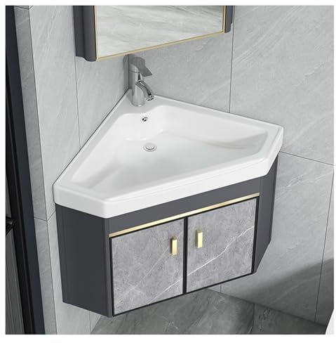 YVZYLXH Waschbecken Badezimmer,Eckwaschbecken Keramik,Waschbeckenunterschrank hängend,Badmöbel Waschbecken mit Unterschrank,Keramikwaschbecken mit Wasserhahn und Überlauf,für kleine Räume(43x42cm)
