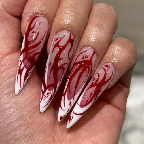 Clataly 24Pcs French Style Long Pointed Blood Droplet False Nail Red Flame Dyed Fake Nails Halloween Fake Nails Press on Nails for Women (B, 24)