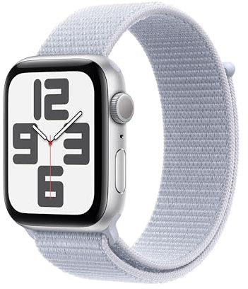 Apple Watch SE (2ª gen.) GPS 44 mm Smartwatch con cassa in alluminio Argento e cinturino Sport Loop Nuvola azzurra. Tracker per fitness e sonno, app Battito, Rilevamento incidenti, Carbon Neutral