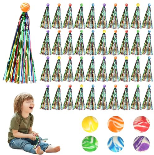 Xishoyen 40 Stück Hüpfball Kinder, 30mm Springball mit Farbige Bänder, Gummi Hüpfbälle Spielzeug, Flummis Jump Ball für Mitgebsel Kindergeburtstag, Gastgeschenke Einschulung, Geschenke Kinder