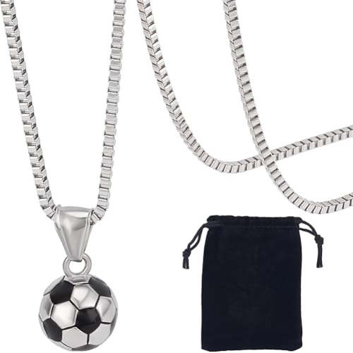 Beebeecraft 1 scatola Ciondolo Pallone Da Calcio In Argento con Catena e Sacchetto di Velluto 316 acciaio Inossidabile Chirurgico Smaltato Calcio Hip Hop Collana Pendente Sportivo per Uomo Padre Amico
