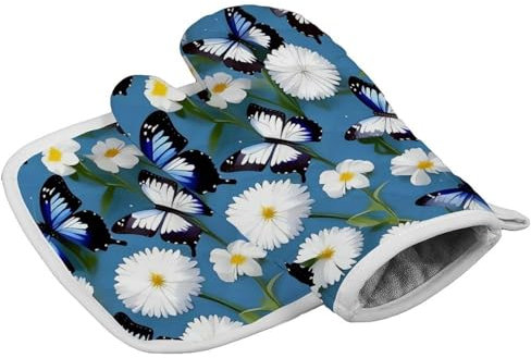 Gants de cuisine personnalisés résistants à la chaleur pour femme - Motif papillons bleus et fleurs blanches