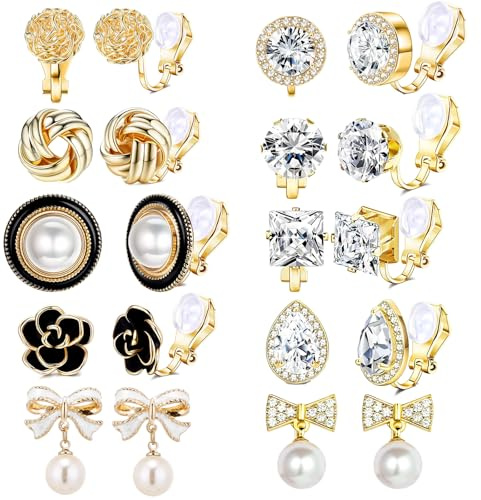 10 Paar Gold Clip Ohrringe für Damen, Mode Hypoallergen vergoldete Ohrclips Schmetterlings Perle Blume Zirkonia Steine Ohrclips ohne Ohrlöcher für Kinder Mädchen Modeschmuck Geschenk