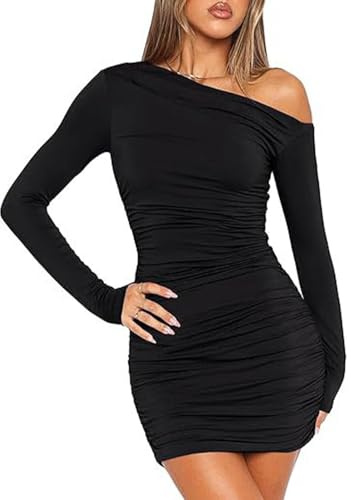 Mayoii Mini Dress Off Shoulder Solid Color Black Dress Sexy Bodycon Ruched Little Black Dress for Women Dinner Party Going Out (UK, Alpha, L, Regular, Regular, Black)