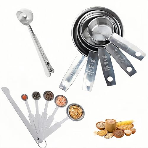 12-Piece Stainless Steel Measuring Cups & Spoons Set, 0.3ml-250ml, with Leveler & Clip, for Salt, Powder, Flour, Liquids