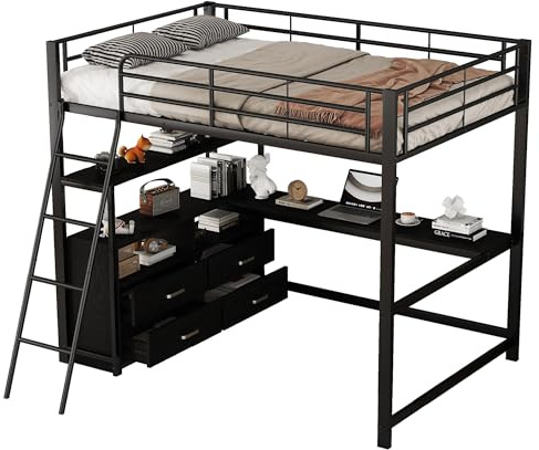 SOFTWEARY Hochbett mit Schreibtisch, Lattenrost, Leiter, Regal, Schubladen und Rausfallschutz, Metallbett, Jugendbett (schwarz, 140x200 cm)