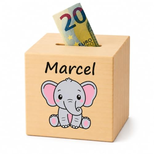 DEschenk Spardose personalisiert aus Holz – Spardose Kinder personalisiert, Sparschwein Baby als Geschenkidee, perfekte Kinderzimmer Dekoration für Jungen und Mädchen (Elefant)