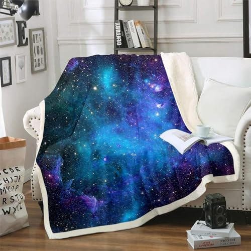 Loussiesd Galaxie Kuscheldecke Sternenhimmel Flanell Fleecedecke für Jungen Mädchen Weich Atmungsaktiv Microfaser Decke 150x200cm Decke Lila Blau für Sofa