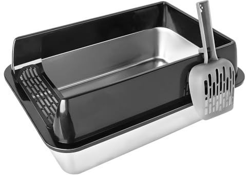 Lettiera per gatti in acciaio inox XXL, grande capacità, in acciaio inox con bordo alto, resistente agli odori, grande con paletta per lettiera e tappetino antiscivolo (nero, 60 x 40 x 30 cm, XXL)