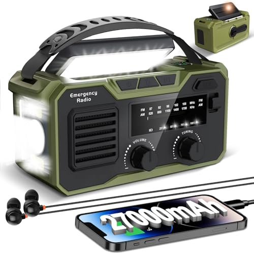 27000mAh Wind Up Radio, Emergency Radio Crank Solar FM/AM, Hand Crank Radio With Reading Lamp/SOS Alarm/3 Mode Flashlight, Solar Powered Radio With Wireless Speakers And Headphone Jack