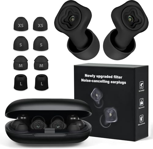Tapones para los oídos para dormir, 50 dB de silicona con cancelación de ruido, con 8 puntas suaves (XS/S/M/L) y estuche negro, cancelación de ruido, para concentración de sueño, viajes, trabajo