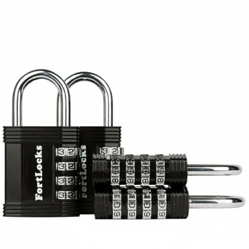 FortLocks Gym Locker Padlock, Weatherproof 4-Digit Combination Lock | Sturdy, Durable, Easy to Use, for Indoor & Outdoor Use, Combo Padlock for Lockers, Storage, Toolboxes, Sheds, 4-Pack, Black