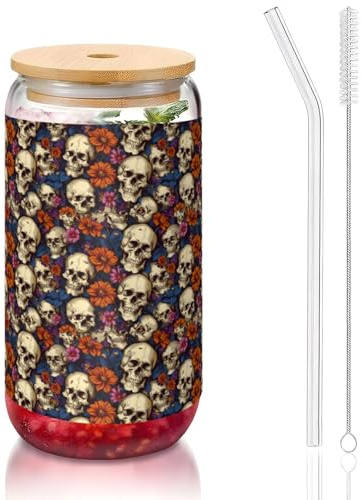 YBGHDAA Lot de 1 verre avec couvercle et paille Motif tête de mort 473 ml Idéal pour le whisky, la bière, le thé
