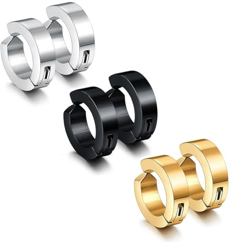 COYUN 3 Pares Falsos Pendientes Clip de piercing Acero Inoxidable Hombre Pendientes Clip Pendiente Mujer Pendientes Sin Agujero Pendiente Unisex mujeres hombres pendientes, Oro/Plata/Negro