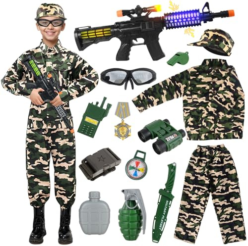 Costume Militare Bambino, Tuta Militare Costume di Carnevale,Militare Vestito Militare Bambino,con Mimetica Uniforme Telescopio Pistola Giocattolo Walkie-Talkie per Halloween Carnevale Bambini