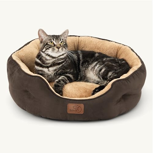 Bedsure Cat Bed for Indoor Cats Round Washable, 51x48cm | Small Cat Bed with Soft Reversible Cushion, Kitten Pet Bed with Slip-Resistant Bottom, Brown