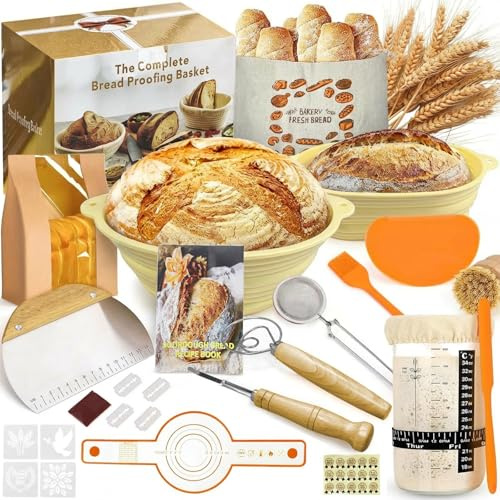 Banneton Pour Pain,16 Pièces Accessoire pour Boulangerie Levain Starter Kit,Corbeille a Pain en silicone Rond et,Panier Fermentation Pain set Ovale avec Cuve de Grattoir les Boulangers Expérimentés