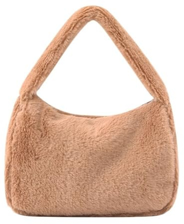 Plysch väska mjuk plysch handväska för kvinnor, underarmsväska, fluffig tote, höst vinter, kaki, Taille unique