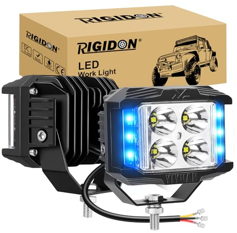 RIGODON 2 x Stroboskop LED-arbetsljusramp, 3 sidor Shooter 4 tum 35W 3500k lumen strålkastare, 12V 24V körstrålkastare för bil, terräng, båt, lastbil, 4x4, SUV, ATV, traktorer, blåvit, dimljus