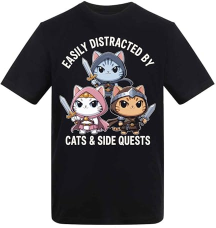 Dovitee Easily Distracted By Cats Side Quests Funny RPG Gamer Design - Adult Unisex T-Shirt Black