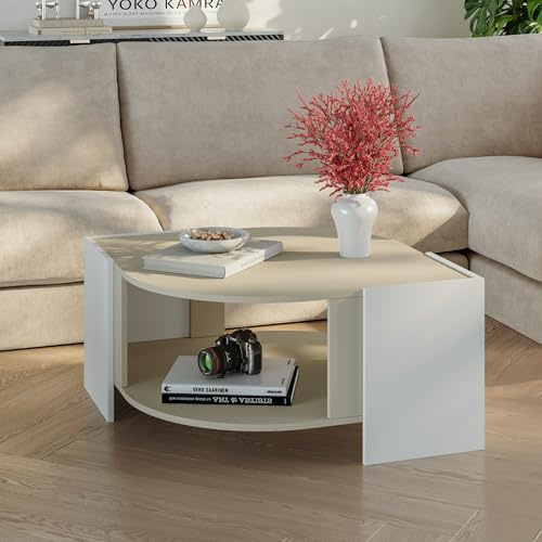 [en.casa] Tavolino Centrale da Salotto con Piano Curvo Tavolo Basso da Caffè con Ripiano Vano Aperto per Soggiorno Living Studio 75 x 75 x 40 cm - Bianco/Color Avena Oatmeal