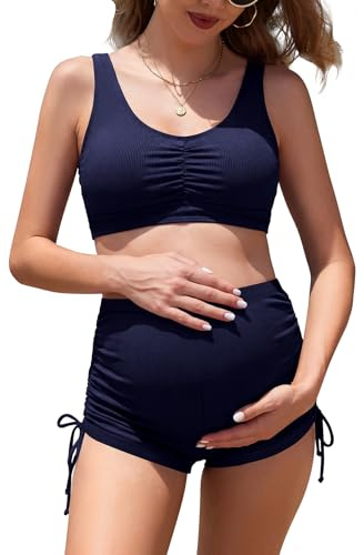 SHEKINI Maillot de Bain Maternité Taille Haute Maillot de Bain Grossesse 2 Pièces Cordon Latéral Réglable Bikini Grossesse