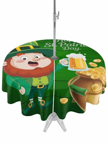 Outdoor Table Cloth with Umbrella Hole and Zipper, St. Patrick's Day Waterproof Round Tablecloth 54 Inch, Lucky Shamrock Gnomes Beer Coin Wood Green Washable Table Cover for Outside Party Patio Picnic